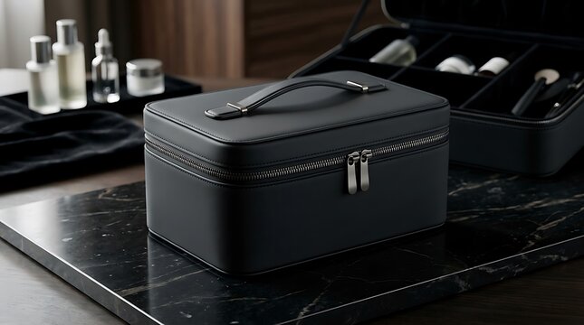 Black leather makeup vanity case with cosmetic bottles on a dark dressing table. high-end skincare cases