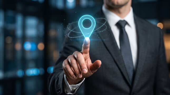 Businessman in suit touching glowing virtual GPS location pin icon for navigation and global logistics business concept