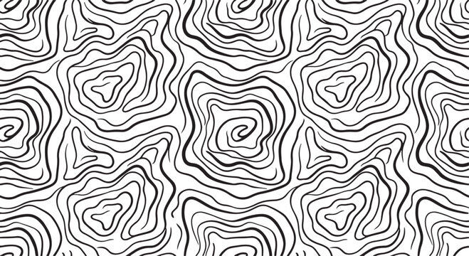 Abstract wood grain seamless pattern vector, organic topographic line art background, black and white tree ring texture for natural branding