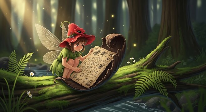 Tiny forest fairy wearing a poppy flower hat reading a mysterious old map on a mossy log
