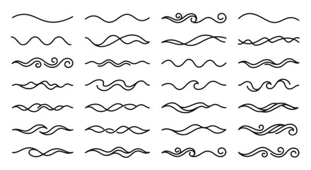 Hand drawn wave borders and ocean dividers vector set, black ink sea wave line art collection, nautical decorative scroll elements for invitations © MdSamir