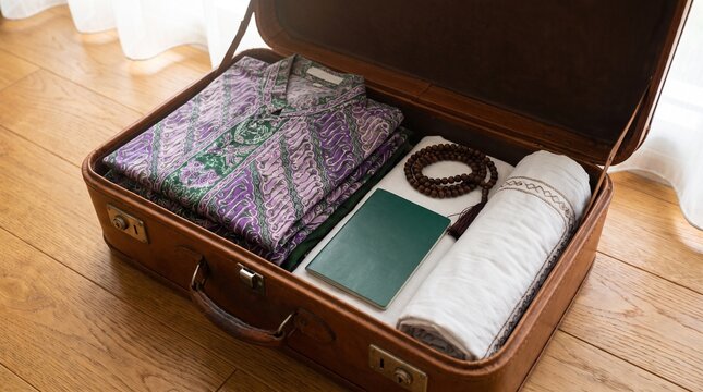 Vintage Suitcase Packed with Batik Shirt and Muslim Prayer Items