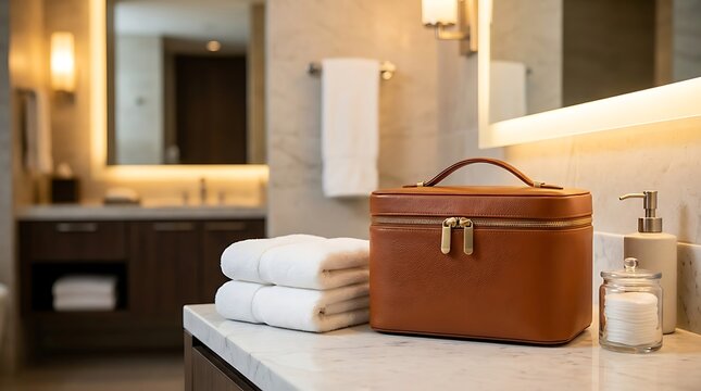 Brown leather makeup vanity bag on a counter in a modern luxury hotel bathroom. leather cosmetic holders