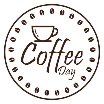 Coffee Day Circular Badge with Coffee Cup Line Art Roasted Bean Border Brown Vintage Vector Illustration