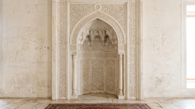 Elegant Islamic marble wall niche with refined carved details, minimalist composition, and timeless architectural craftsmanship inspired by traditional Islamic interiors.