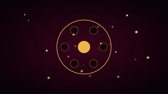Abstract cosmic solar system animation with rotating planets and glowing stars on dark 4k background