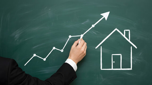 Businessman drawing white chalk line graph and house on green chalkboard with arrow