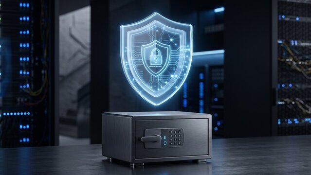 Digital Security Concept with Glowing Holographic Shield and Metal Safe in Server Room