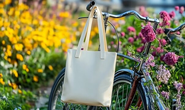 Beige tote bag hangs on bicycle handlebar with colorful flowers in sunny garden backdrop.