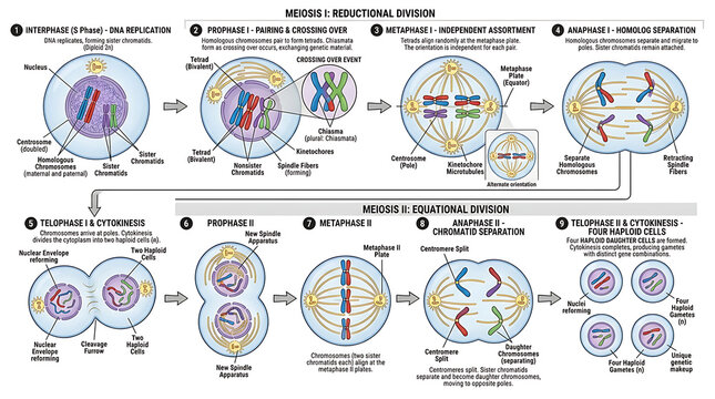 Detailed biological illustration of the meiosis process showing the stages of reductional and equational cell division for gamete formation