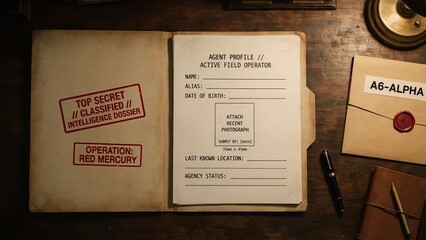 Naklejka premium Top secret classified intelligence dossier on desk, espionage documents, magnifying glass, covert operation, agent profile, investigative atmosphere, secrecy theme ‑ flat vector illustration