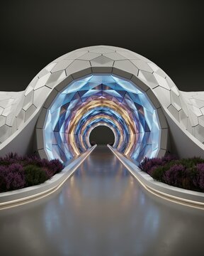 Futuristic geometric tunnel with dome structure, multicolored lights, reflective pathway, polygonal panels, purple vegetation planters, immersive modern design ‑ flat vector illustration