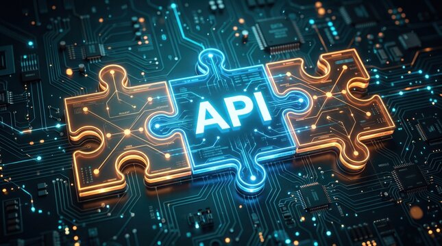 Api integration concept interlocking puzzle pieces on a circuit board background