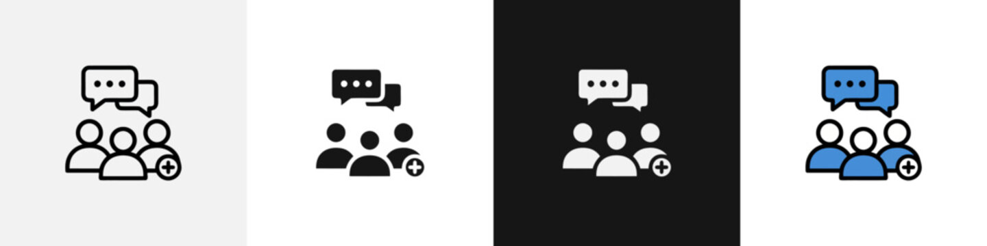 Group chat icons with speech bubbles and user silhouettes in line, solid black, white, and blue versions, indicating social networking and messaging.