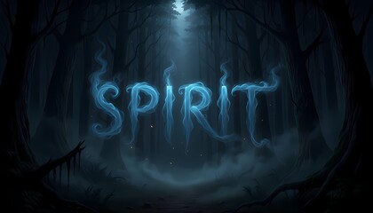 Obraz premium Word Spirit in ethereal blue letters. Mystical glowing text in a dark forest.