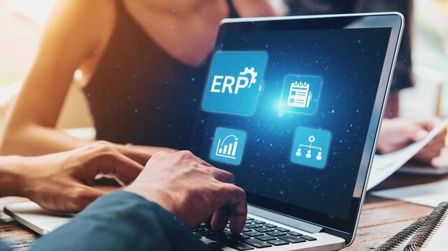 ERP icons show management, integration, and business process. ERP supports data management, ERP efficiency, and ERP organizational solutions. Gist