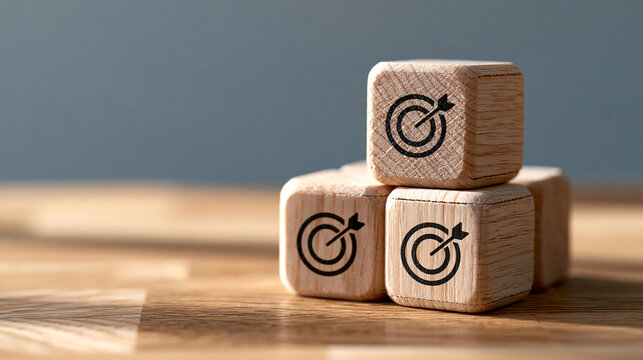 Stacked Goal Blocks With Target Symbols On Wooden Table