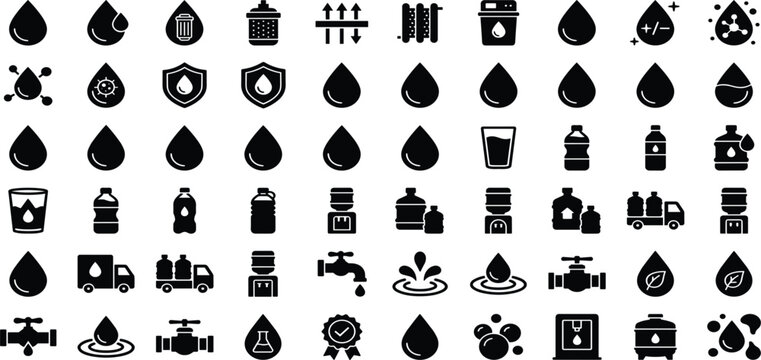Solid black silhouette clean drinking water purification system and delivery service icon set for plumbing logistics and eco technology product packaging labels