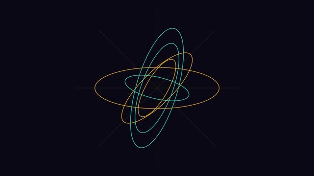Abstract rotating atom model with glowing orbital rings for science and technology motion animation 4k