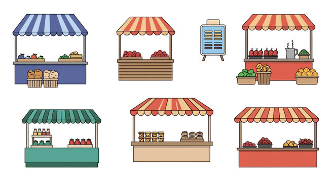 Assorted Market Stalls with Fresh Produce and Goods