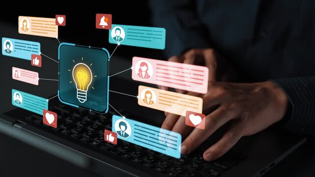 Hands Typing on Laptop with Digital Communication Icons and Light Bulb Symbolizing Ideas and Innovation in Modern Technology and Social Media Interaction. Entropy.