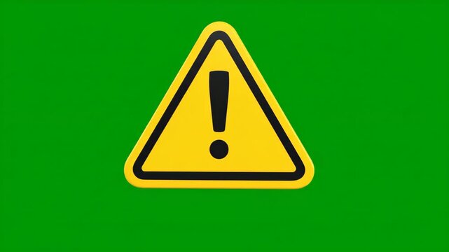 Animated yellow caution triangle hazard sign rotating slowly on a vibrant green screen background for chroma key compositing