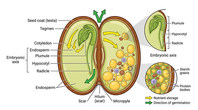 Detailed botanical diagram showing the internal structure of a plant seed including embryo, cotyledon, and germination process