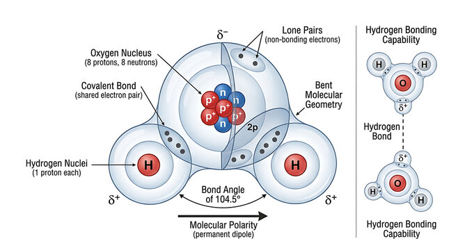 Detailed scientific illustration of water molecule structure showing covalent bonds, polarity, and hydrogen bonding capabilities