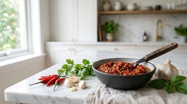 Fresh chili con carne in a black pan with red peppers and herbs on a kitchen table. sambal oelek