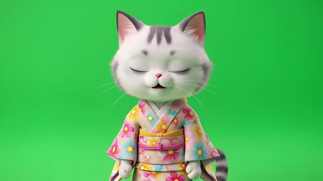 Cute cartoon cat wearing a floral kimono