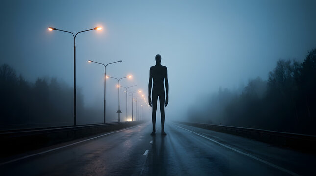 Tall Faceless Silhouette Standing Alone on Foggy Empty Highway at Night
