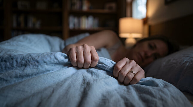 Close up on woman hand clutching bedsheet tightly feeling anxious unhappy or lonely while lying awake at midnight