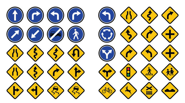 Collection of various traffic signs and road symbols for navigation and safety.