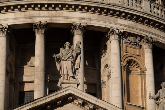 Close-up of the detailed architectural elements on the exterior of St. Paul's Cathedral in London