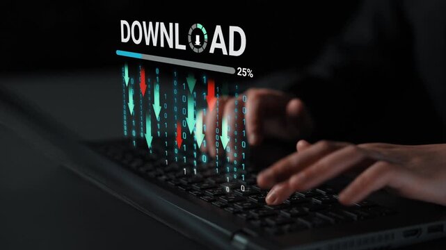 A close-up image showcasing hands typing on a keyboard with a download progress bar and binary code, emphasizing digital interaction in a modern workspace. Entropy.