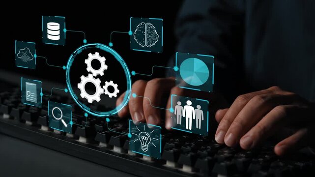 Hands Typing on Keyboard with Digital Interface Illustrating Business Process Automation, Innovation, and Data Management Concepts. Entropy.