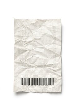 Crumpled paper receipt with a barcode on a white background.