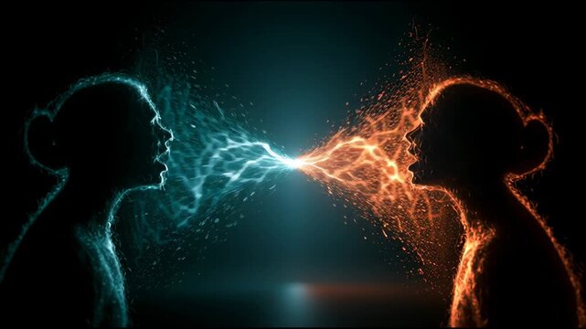 Two figures exchange sparks in a futuristic setting. The visuals represent real-time AI translation ideas, highlighting interaction and technology.