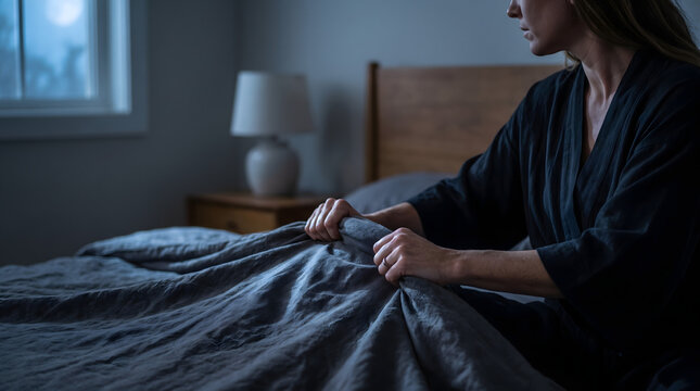 Woman lying down in bedroom holding sheet with firm grip feeling sadness sleep disorder or loneliness at midnight