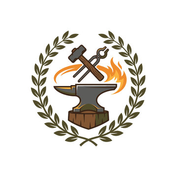 Colorful blacksmith logo with anvil fire and laurel wreath.