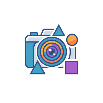 Colorful geometric camera icon with abstract shapes.