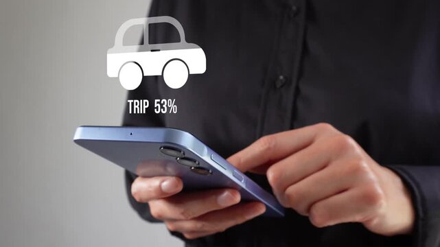 A person holds the phone and touches the screen. A holographic car icon appears. A trip progress animation then plays. Ideal for ridesharing and travel services.