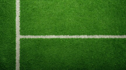 Fototapeta premium Close up view of vibrant green artificial turf field with crisp white boundary lines for sports use with evoking fresh energetic sports atmosphere overhead perspective