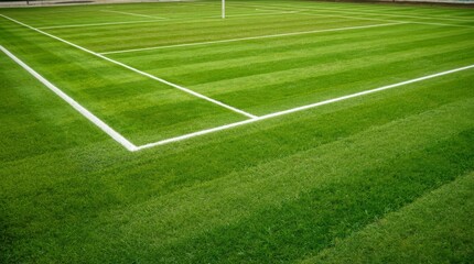 Obraz premium Freshly mowed green grass tennis court with crisp white boundary lines with evoking pristine inviting sports atmosphere vibrant meticulously maintained