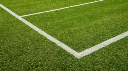Fototapeta premium Freshly painted white corner markings on a vibrant green grass court from an overhead perspective with viewed low overhead angle clean intersection freshly