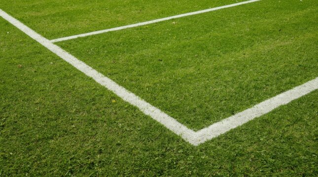 Freshly painted white corner markings on a vibrant green grass court from an overhead perspective with viewed low overhead angle clean intersection freshly