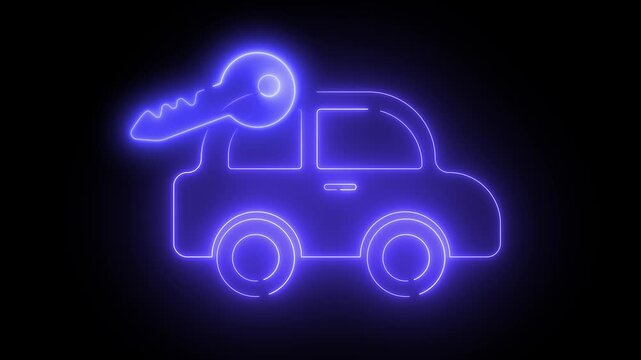 Neon blue car icon with key on dark background. Suggests security, ownership. Ideal for websites, apps