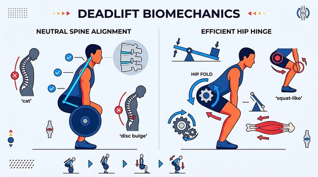 Biomechanics of a deadlift showing spine alignment and hip hinge