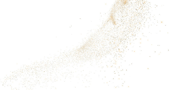 Glittering gold confetti flying in black background. Sparkling turbulence glow effect. 3D rendering with alpha.