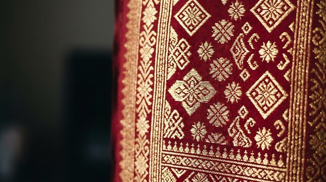 Elegant red and gold traditional embroidered silk textile close up